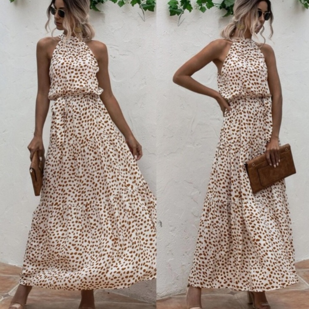 Boho cream brown  halter dot belted maxi dress - Picture 6 of 11